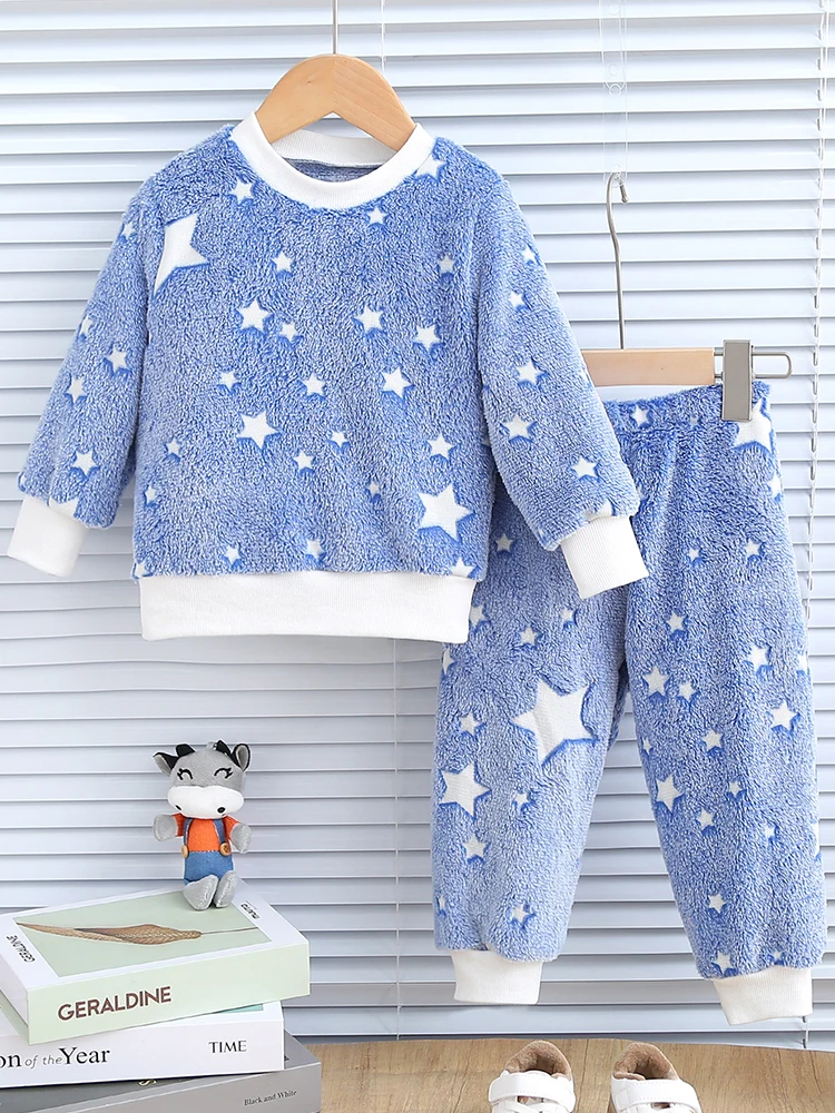 1 Satz Baby-Herbst-/Wintergröße, Sternmuster, Plüsch, dickes, langärmliges Oberteil und Hose, Kinderzubehör Image