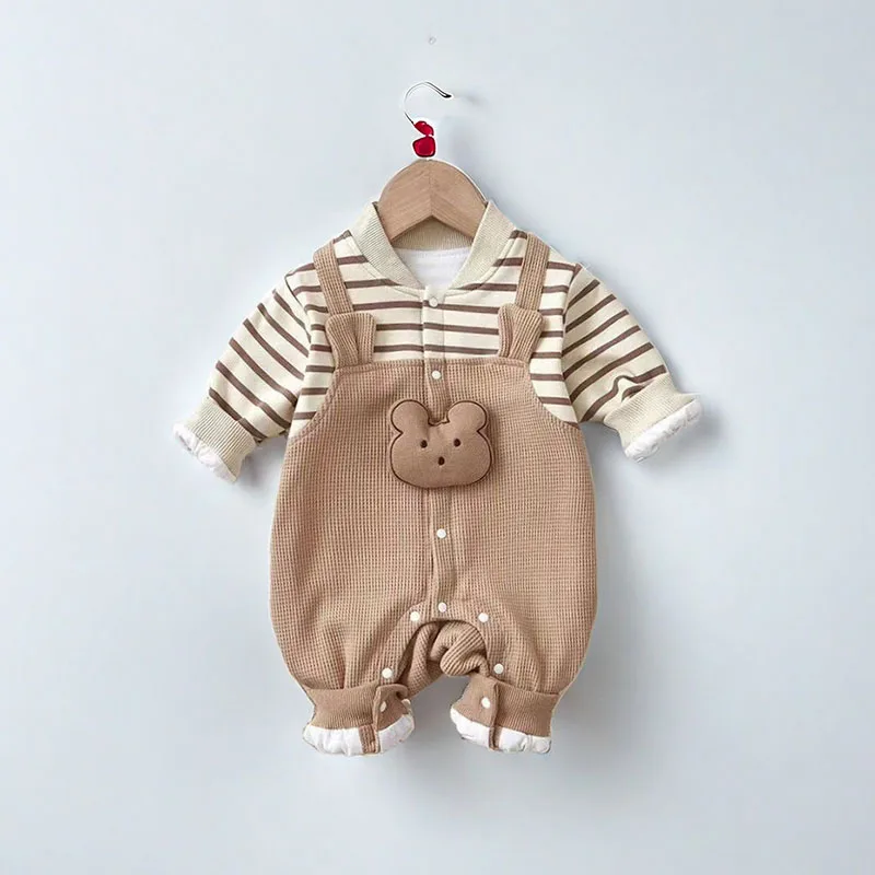 Cartoon Bär Baumwolle Futter Langarm Baby Strampler für Neugeborene Gestreiften Jungen Overalls Dicke Waffel Mädchen Jungen Kleidung Image