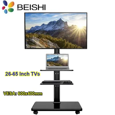 Rollbarer TV-Ständer, mobiler TV-Wagen auf Rädern für 32-65-Zoll-Flachbildfernseher, hoher TV-Bodenständer mit drehbarer Halterung, Eck-TV-Ständer