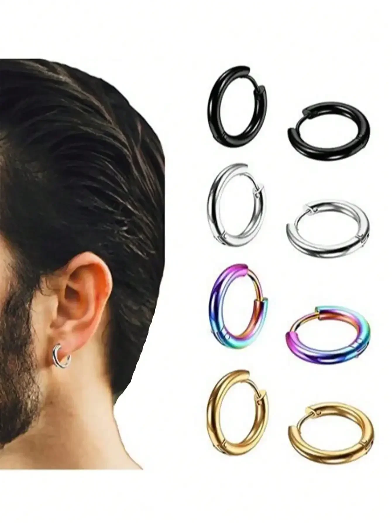 4 Paar modische, schlichte, runde Creolen aus Edelstahl für den täglichen Gebrauch von Männern, Geschenk Image