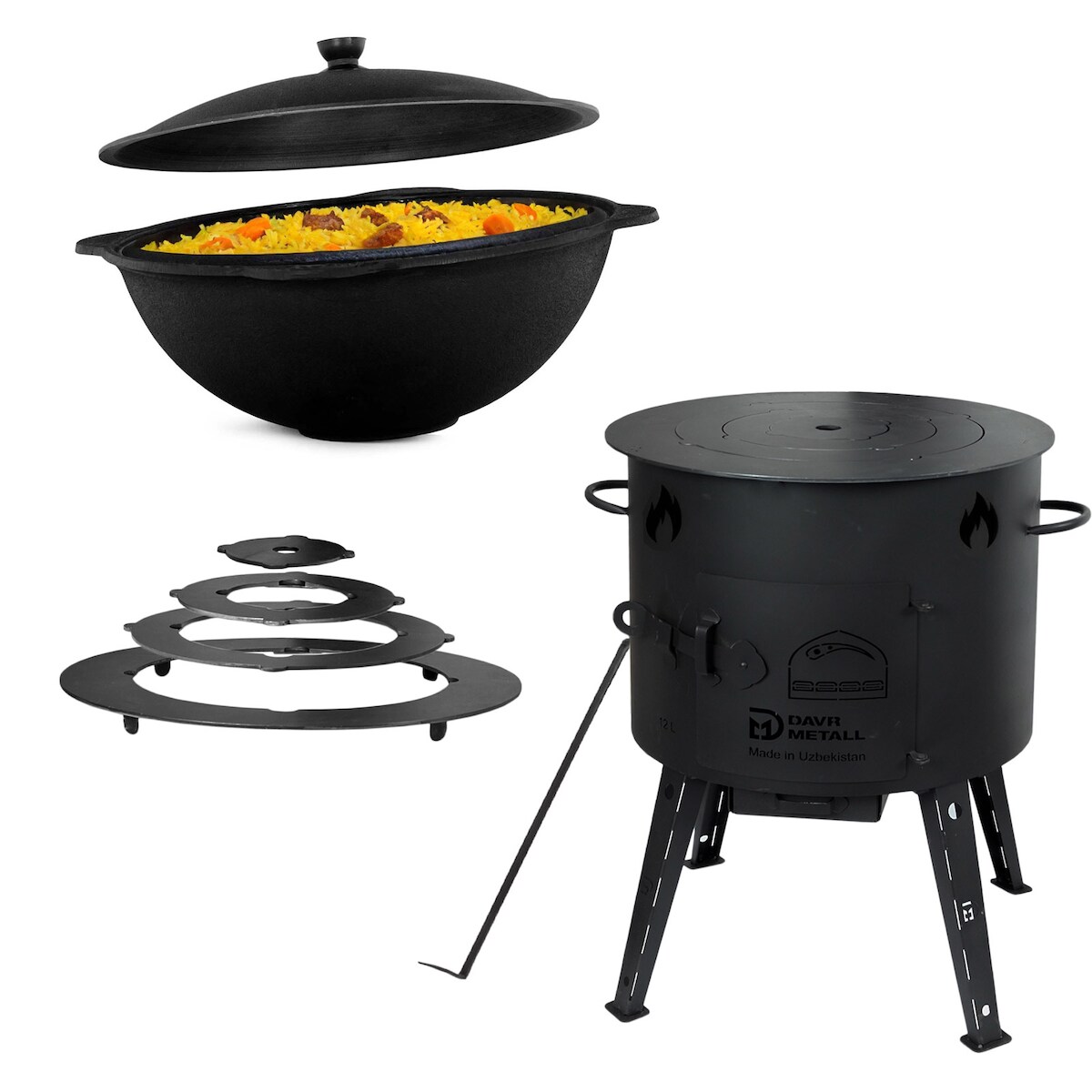 4BIG.fun Utschak Feuerofen Ø44 cm 2 mm Stahl Adapter-Ringe 16L Kazan Usbekisch Uchag Kasan Kochen im Freienofen Außenküche Eintopfofen Image