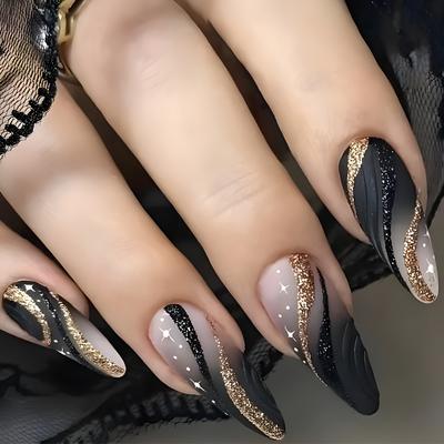 TEMU 24pcs Set Of Long Press-on Nails With Glittering Gradient, French Golden Design - Women & Girls