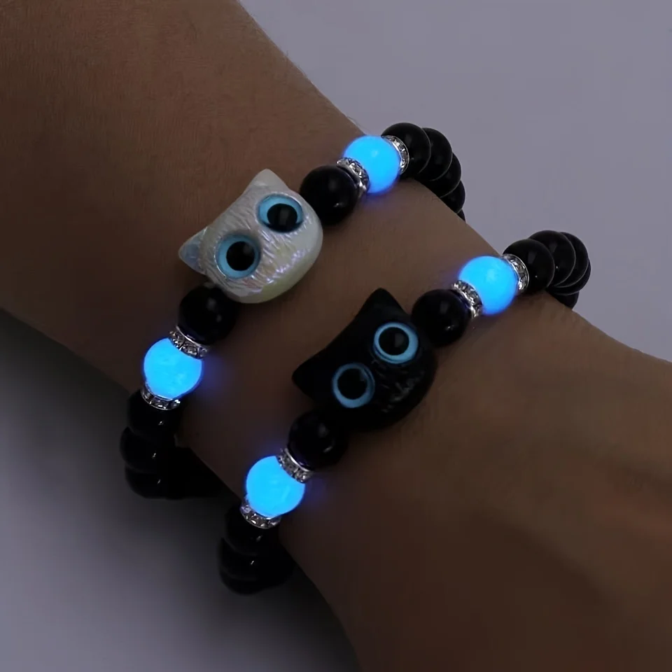 Braccialetti coordinati Coppie Donna Uomo Luminoso Simpatico gatto Amicizia Bracciale Nero Bianco Testa di gatto Braccialetti Glow In The Dark Regalo