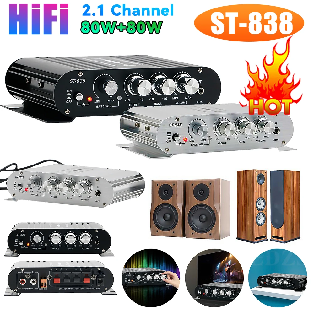 ST-838 HiFi 2.1 Kanal Leistungsverstärker Stereo Bass Sound Amp RMS 80W*2 Klasse D Mini Media Player MP3 Auto Schwarz Home Verstärken Image