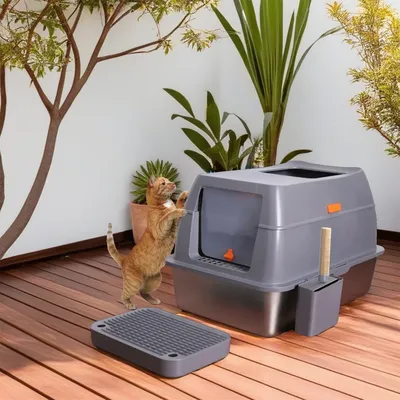 Enclosed Stainless Steel Cat Litter Box with Lid Extra Large for Big Cats Kitty Metal Litter Pan
