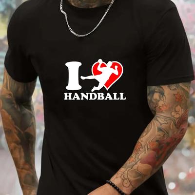 TEMU Men's Casual Short-sleeve T-shirt With Unique 'i Love Handball' Print - Breathable Polyester, Round Neck, Machine Washable Image