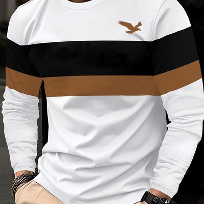 TEMU Men' Eagle Print Long Sleeve T-shirt - Casual Crew Neck, Soft Polyester , Fall & Winter, Eagle Decor Image