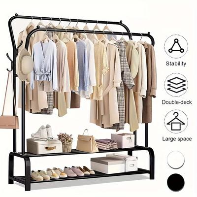 TEMU Heavy Duty Double Rail Garment Rack With Shoe Shelf - Metal Clothing Organizer With Design And Spacious Storage Image