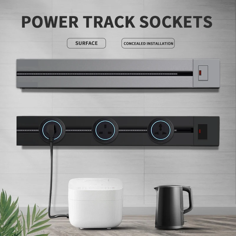 Wandsteckdose für Stromschienen mit Schalter, Küchen-Aluminium-Erweiterungssteckdose 40 cm, 50 cm, Einbausteckdose auf der Arbeitsplatte Image