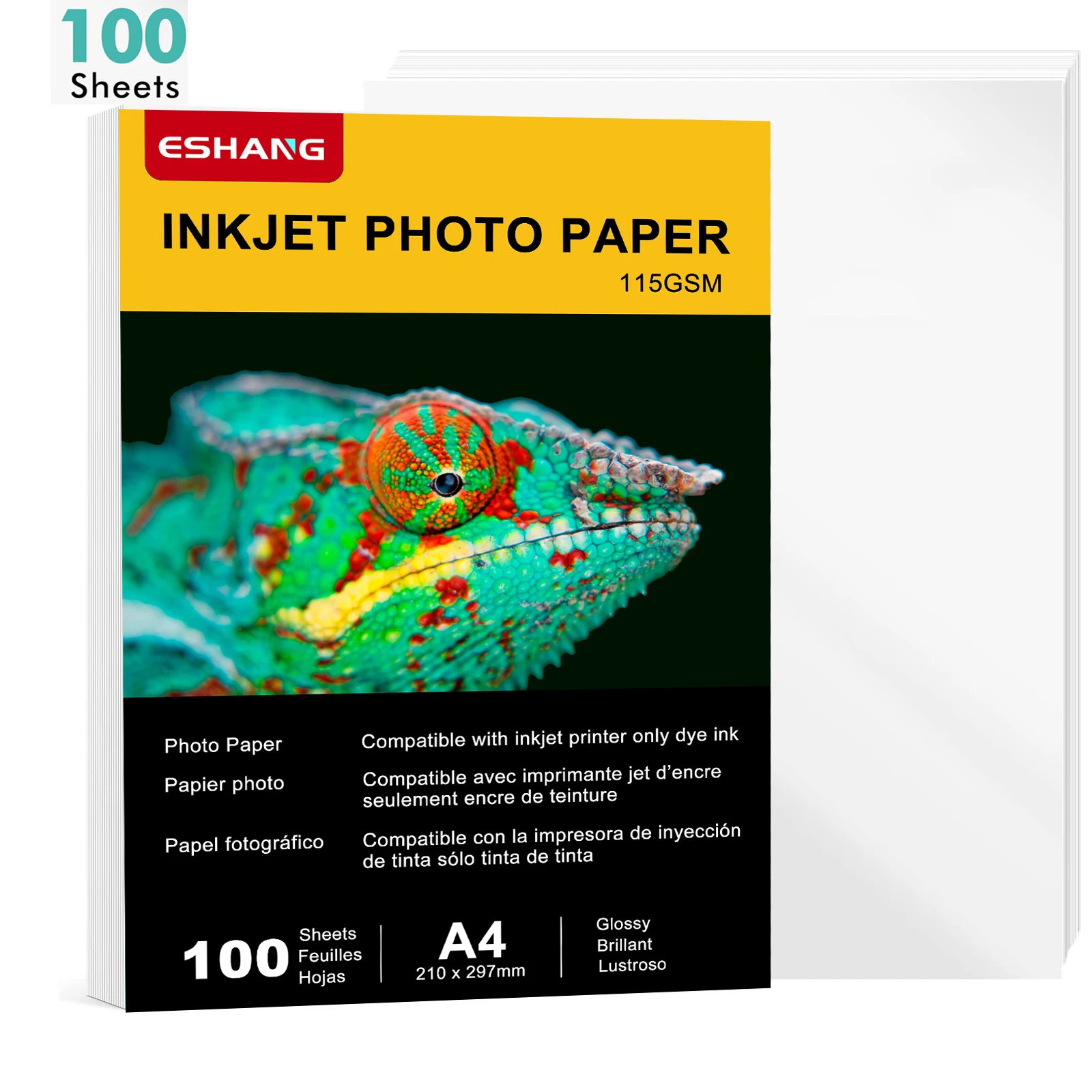ESHANG 100 Blatt A4 einseitig glänzendes Fotopapier 8,3 x 11,7 Zoll 115 g/m2 für Tintenstrahl- und Laserdrucker für Menü-Flyer-Druck Image