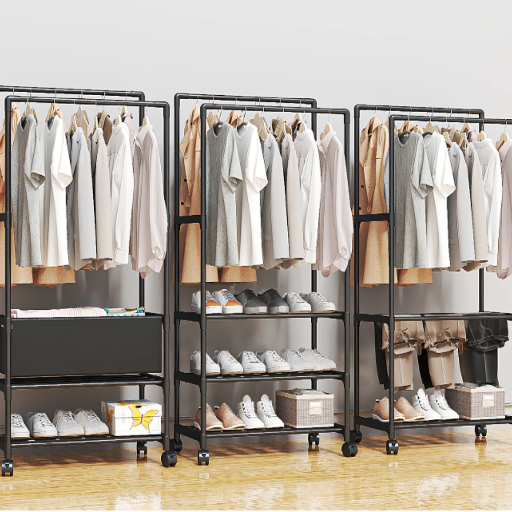 Kleiderständer, stehende Räder, Flurmöbel, einfach zu installierende Garderobenständer mit Regalen, Schlafzimmer-Aufbewahrungsregale, mehrschichtige Aufbewahrung
