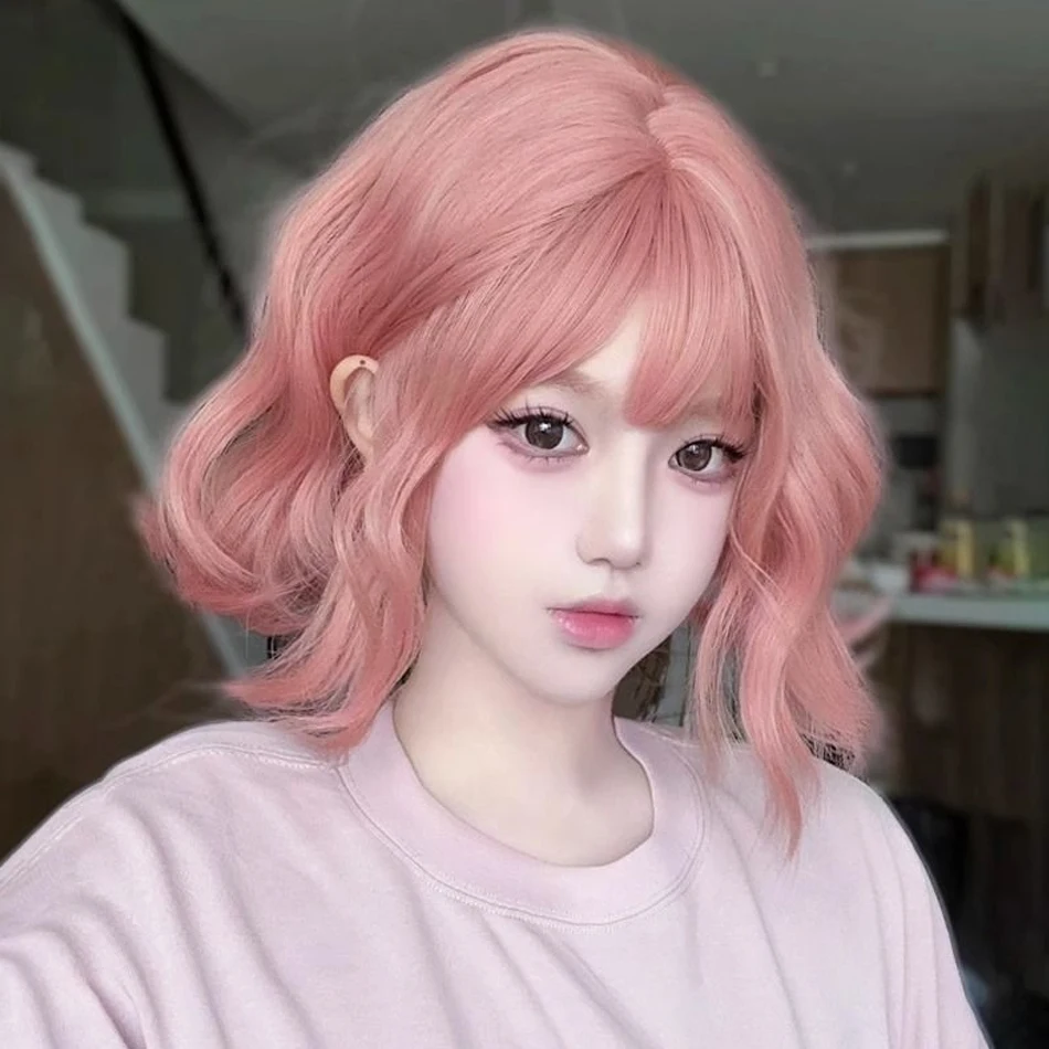 12 Zoll kurze lockige synthetische BOB-Perücke mit Spitzenteil, rosa wasserlockige BOB-Perücke mit Pony, maschinell hergestellte BOB-Perücke, Cosplay, Party, Alltag