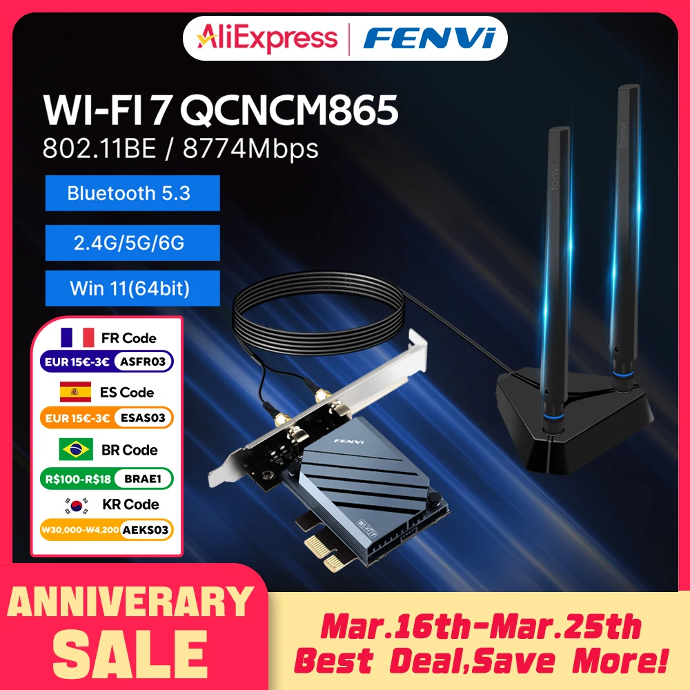 FENVI WI-FI 7 QCNCM865 PCIE WLAN-Adapter Bluetooth 5.3 WiFi 7 bis zu 5,8 Gbit/s Tri-Band mit Qualcomm Wireless-Karte für Windows 11 Image