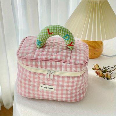 TEMU Plaid Pattern Colorblock Makeup Handbag, Zipper Portable Cosmetic Bag, Lightweight Toiletry Wash Bag