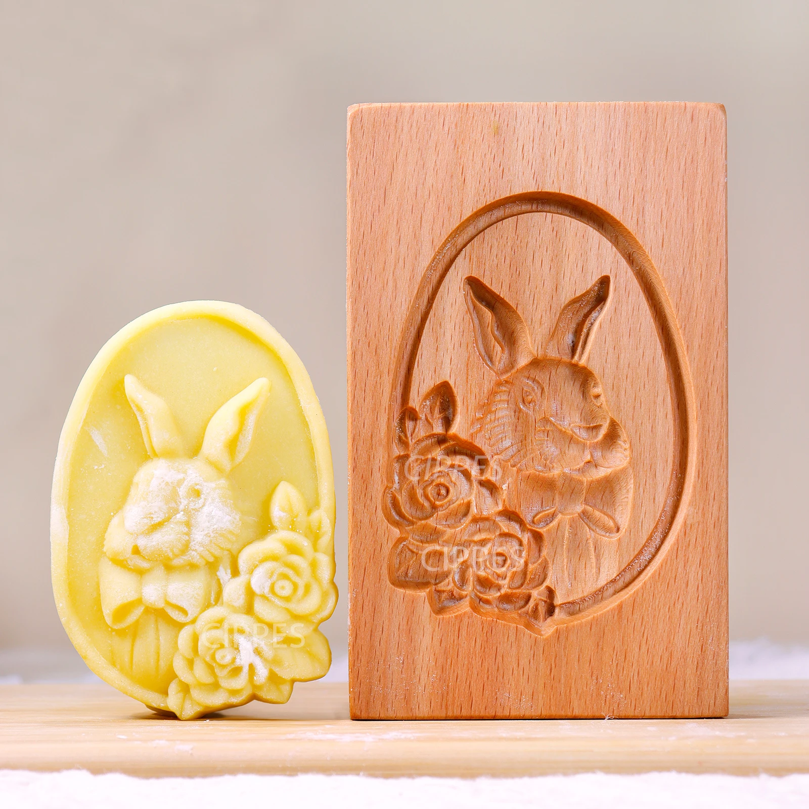 Osterplätzchenformen aus Buchenholz, 3D-Hasen- und Eiprägemuster, Keksstempel-Pressform aus Holz für Heimwerker, Fondant, Schokolade Image