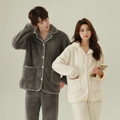 Superweicher Paar-Pyjama für den Winter und Fleece, schwerer Korallen-Flanell, einfarbig, Heimanzug Image