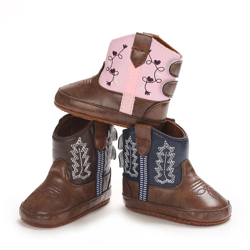 Modische Vorschulstiefel mit gesticktem Muster und rutschfester Gummiunterseite, Leder-Wanderschuhe für Babys Image