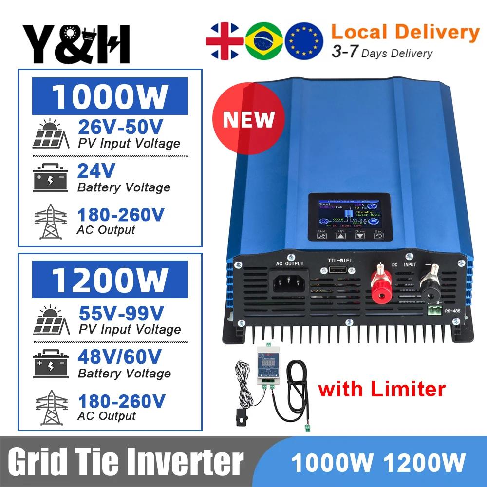 Y & H 1200W 1000W onduleur de liaison au réseau avec limiteur onduleur solaire à onde sinusoïdale Pure Mode de décharge de batterie entrée 48V/24V WiFi en option