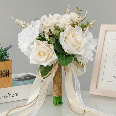 Wedding Bouquets for Bride, Artificial Silk Flower White and Champagne Faux Rose Bridal and Bridesmaid Bouquet, Decorated with Bow and Tassels for Wedding Decorations