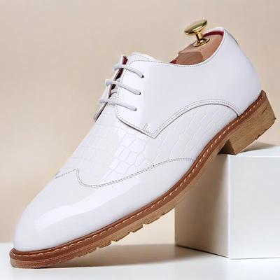 Men's White Patent Faux Leather Oxford Shoes with Crocodile Pattern and Wooden Sole - Sleek Formal Footwear for Weddings and Special Events