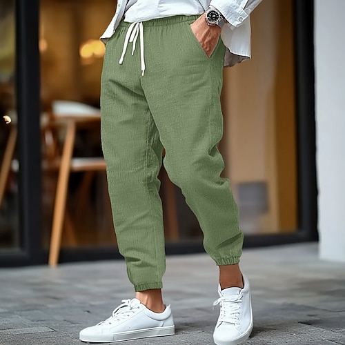 Herren Leinenhosen Hose Sommerhose Elastischer Bund Gerader Schnitt Hohe Taille Einfarbig Komfort Atmungsaktiv Volle Länge Geschäft Geschäftlich Schwarz Weiß Hohe Taille Unelastisch Image