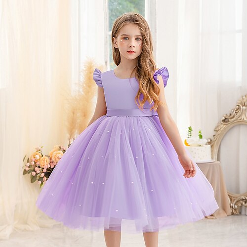 Blumenmädchenkleid Kinder Mädchen Prinzessinenkleid Leistung Hochzeit Party Elegant Schön Gitter Feste Farbe Ärmellos Rundhalsausschnitt Hellgelb Hellrosa 4 Jahre Image
