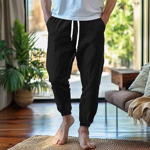 Herren Leinenhosen Hose Sommerhose Elastischer Bund Gerader Schnitt Hohe Taille Einfarbig Komfort Atmungsaktiv Volle Länge Heim Einfach Lässig Schwarz Weiß Hohe Taille Unelastisch Image