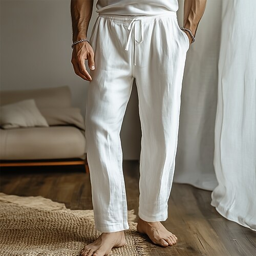 Herren Leinenhosen Hose Sommerhose Strandhose Kordelzug Elastischer Bund Einfach Komfort Atmungsaktiv Volle Länge Heim Lässig Täglich Mode Klassicher Stil Schwarz Weiß Image