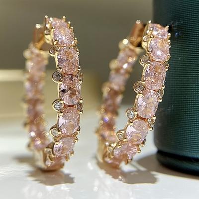 TEMU Elegant Copper Hoop Earrings For Women With Synthetic Zirconia, Nickel-free Plating, Glitter Style Hoops For Daily & Party Wear, May Birthstone Jewelry For Valentine' Pair Image