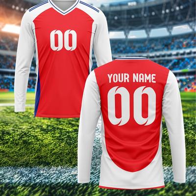 TEMU Customizable Men's Soccer Jersey - V-neck, Long Sleeve, Personalized Name & Number Print For & Casual Wear