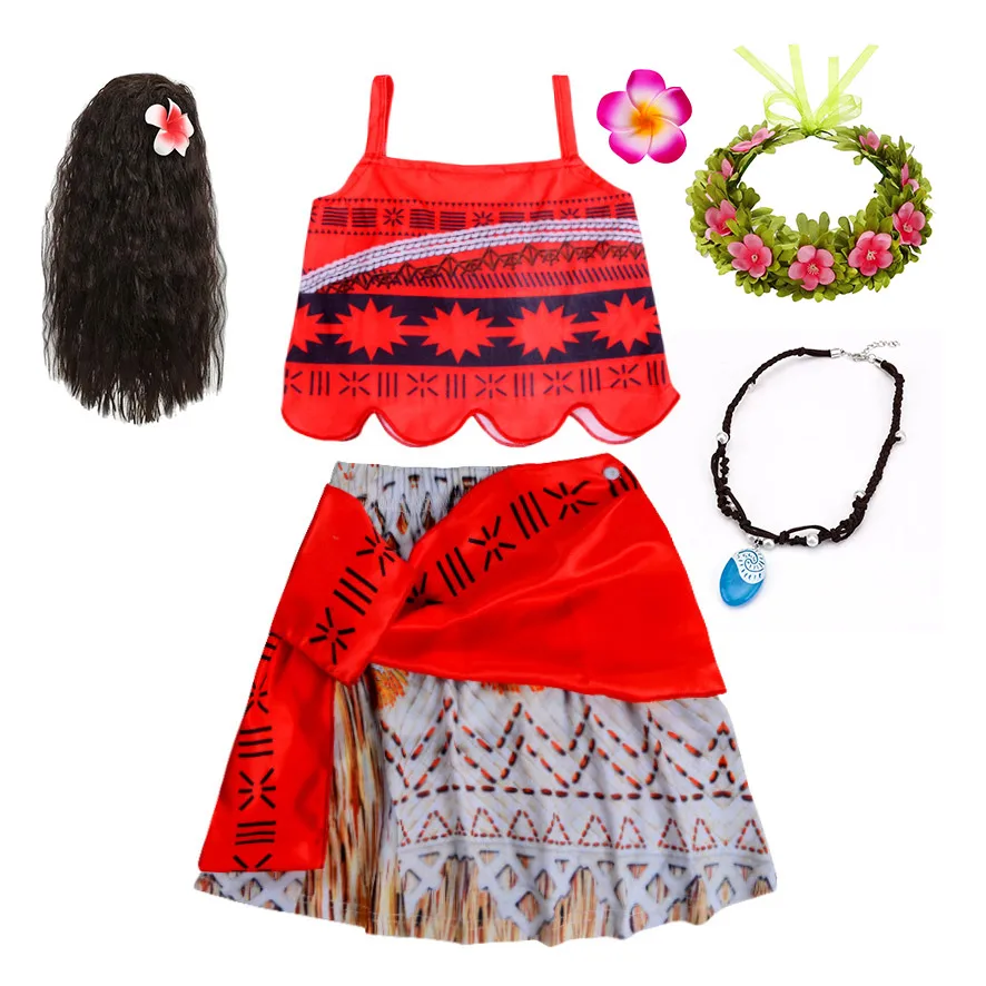 2. 4 6 8 Jahre Vaiana-Kleidungsset für Kinder, Rollenspiele, zweiteilig, Moana-Verkleidung, Prinzessin-Verkleidung, Festzugskleidung, Strand-Hawaii-Kleid Image