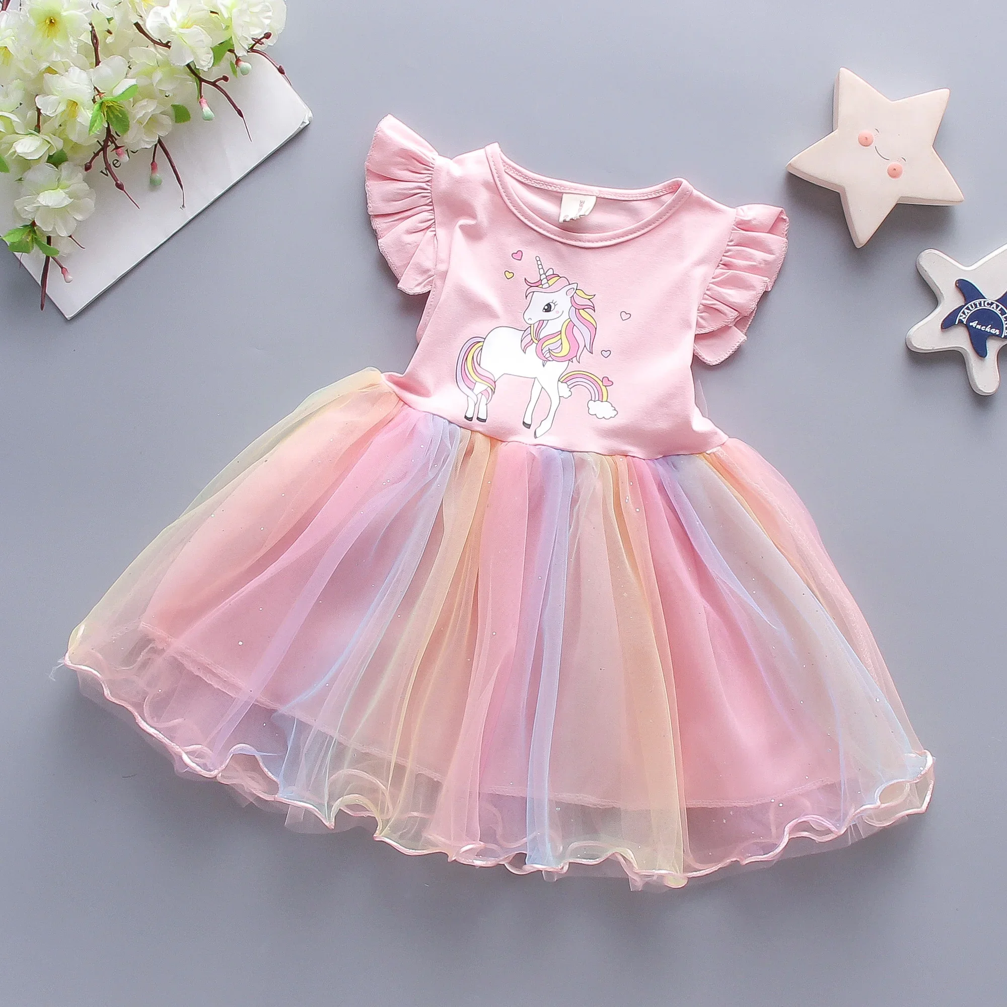 Sommer Mädchen Kleid Kinder Tragen Neue Cartoon Wolke Kleines Pferd Regenbogen Farbverlauf Mesh Ärmelloses Kinder Kleid Image