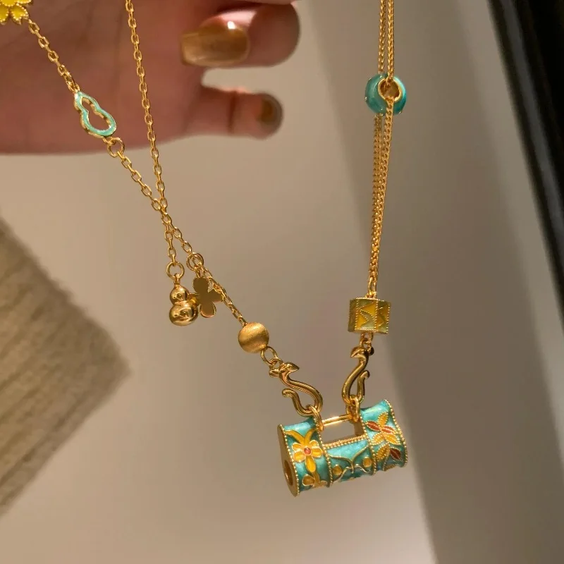 Vintage Palast-Stil grüne Emaille Blumen Ruyi Halskette exquisite kleine Schloss Tasche Blume Anhänger Kragen Kette Charm Schmuck Geschenk Image