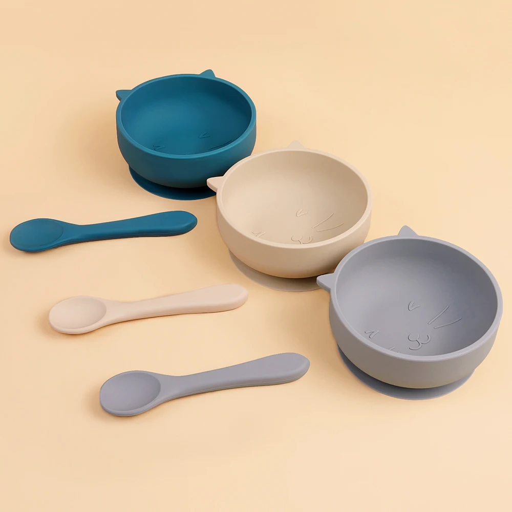 TYRY.HU 2 stücke Silikon Baby Fütterung Schüssel Set Baby Lernen Gerichte Saug Schüssel Set silikon Löffel Kinder Geschirr Baby Zeug Image