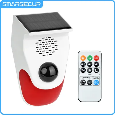 Smarsecur-Outdoor Solar Sound Licht Alarmsystem, Bewegungs sensor, 120db Sirene, Sound Alarm, Flash Strobe Sicherheits alarmsystem