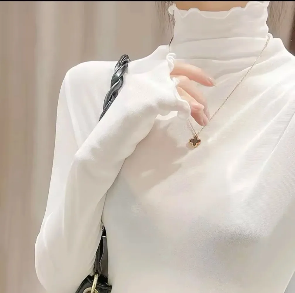 High Neck Sheer Mesh Top Women Clothing Long Sleeve Turtleneck T-shirt Korean Sexy See Through Black White Beige Shirt New