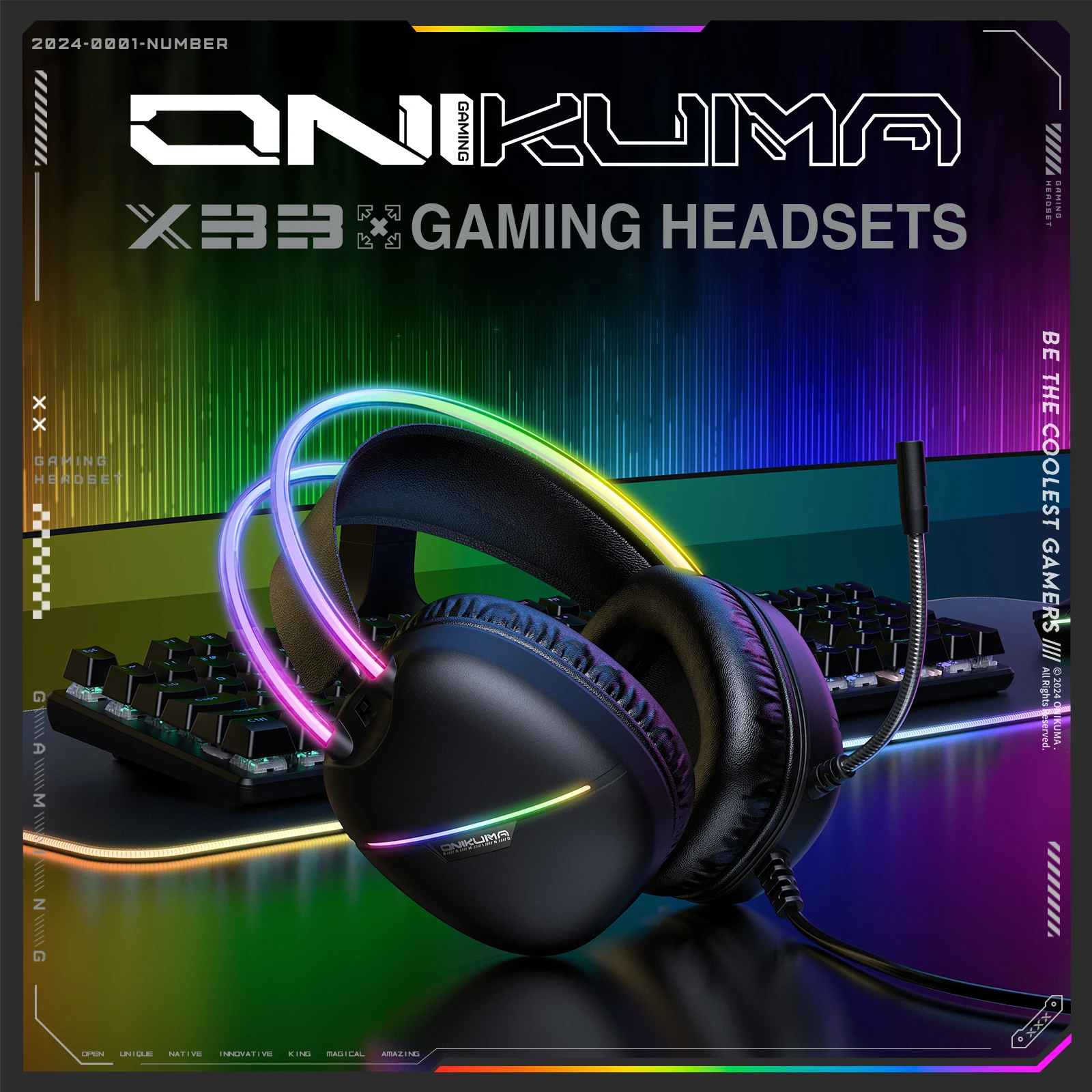 ONIKUMA X33 Gaming-Headset, kabelgebundene Kopfhörer, Player, PC, PS4, mit RGB-Licht, HD, flexibles Mikrofon, Kopfhörer für Computerspiele Image