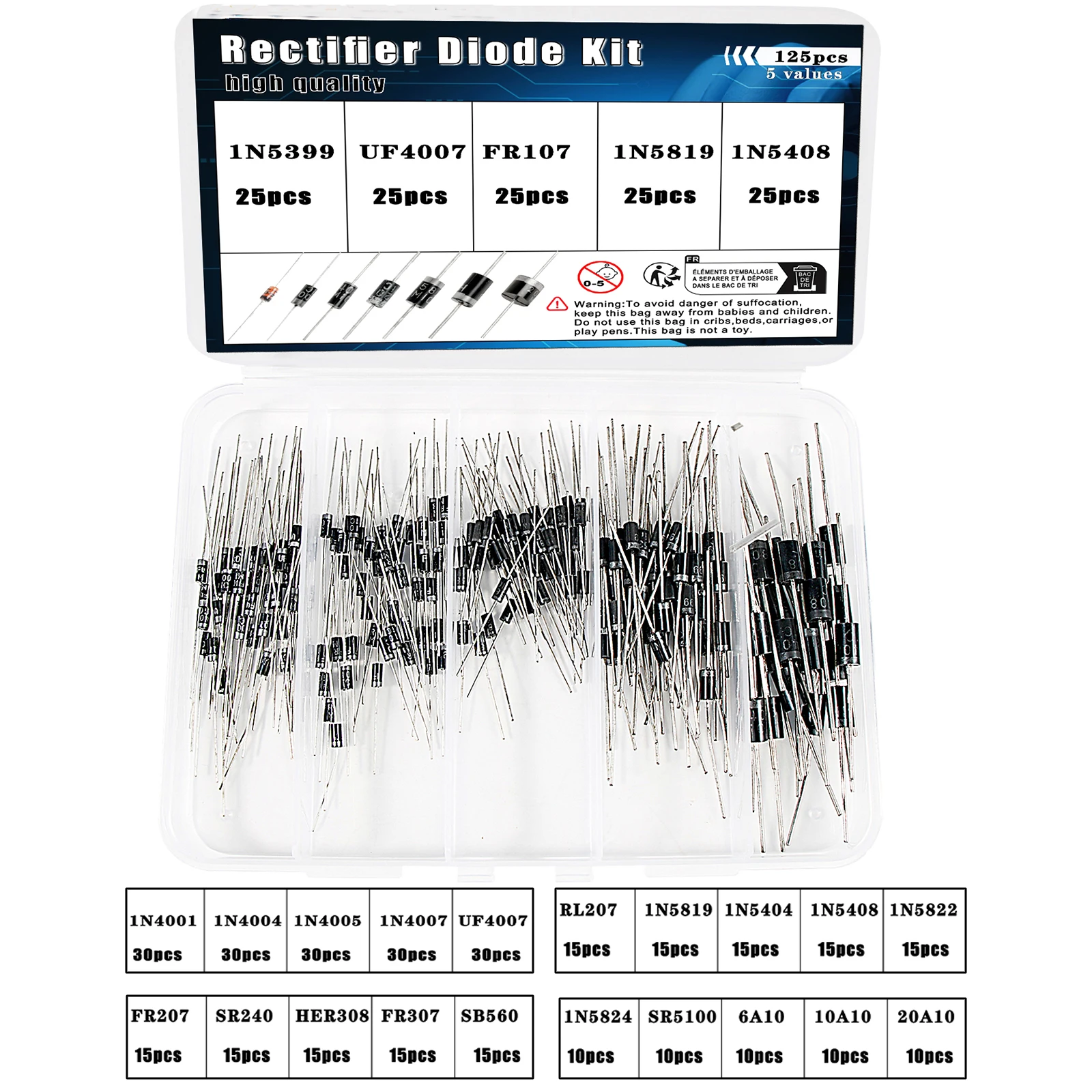 Gleich richter dioden kit schnelle Wiederherstellung schottky Schalt diode 1 n4007 1 n5408 1 n5819 fr107 sr240 sr5100 rl207 uf4007 6 a10 20 a10 Image