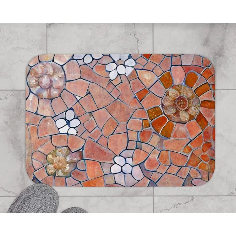 Terra Cotta Mosaik-Badematte, Antoni Gaudi, einzigartige Barcelona-Boho-Blumen, Badezimmer-Dekoration, rot-orangefarbener rostiger Ziegelstein, künstlerischer rutschfester Teppich Image