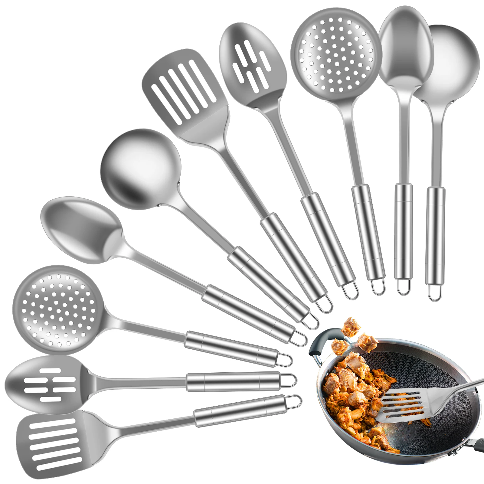 5/10Pcs Küche Kochgeschirr Kochen Utensilien Set Edelstahl Schaufel Suppe Löffel Utensilien Geschirr Kochen Werkzeug Küche Gadgets