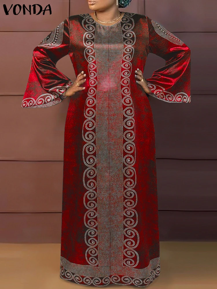 Plus Größe 5XL VONDA Frauen Gedruckt Maxi Lange Kleid Böhmischen Sommerkleid Vintage Flare Lange Hülse Lose Elegante Robe Casual Vestido
