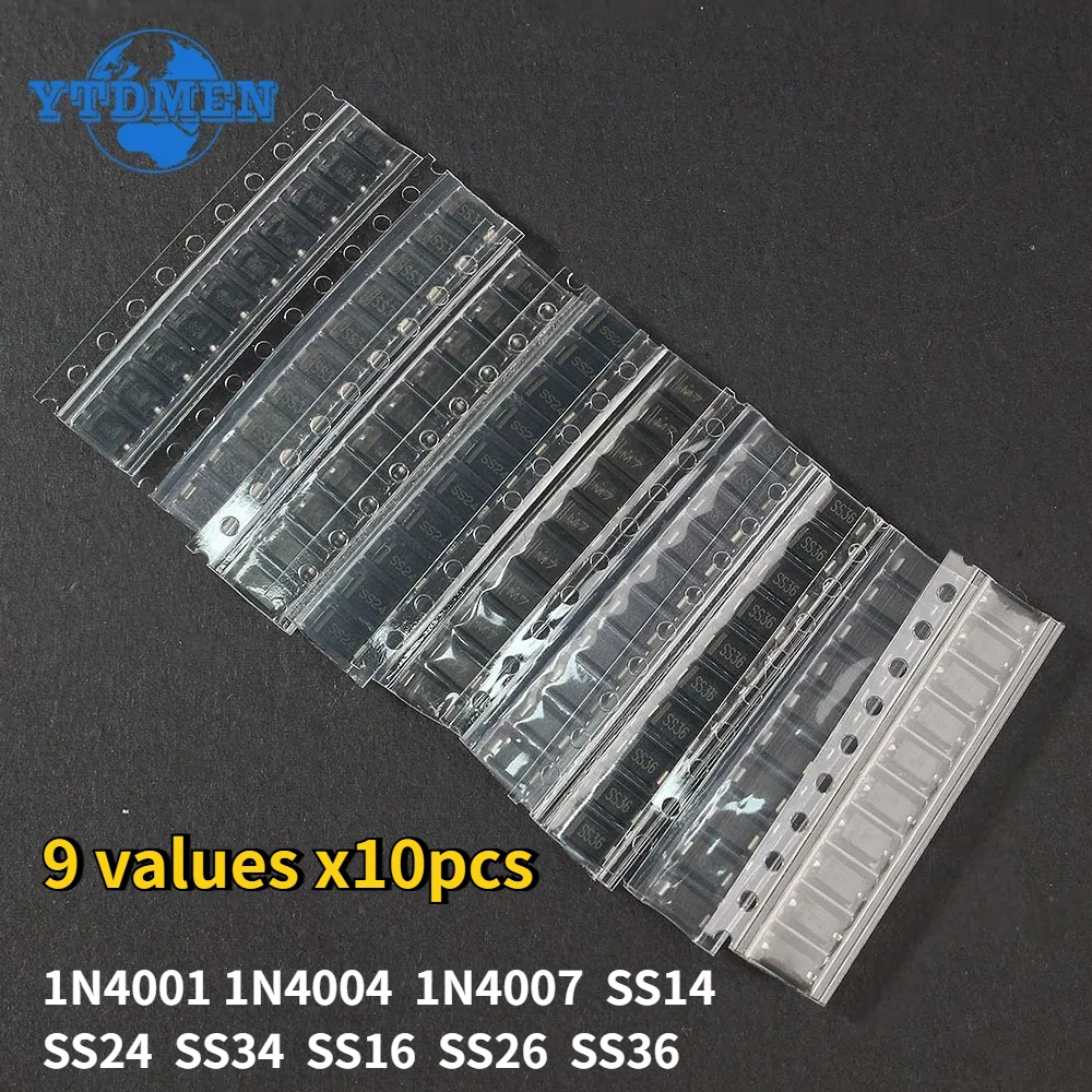 90-teiliges SMD-Dioden-Kit 1N4007 1N4001 1N4004 SS14 SS16 SS24 SS26 SS34 SS36 9 Werte X10 Stück Gleichrichterdioden Schottky Image
