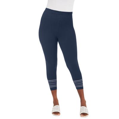 Plus Size Women's Everyday Stretch Cotton Capri Legging by Jessica London in Navy Embroidery (Size 26/28)