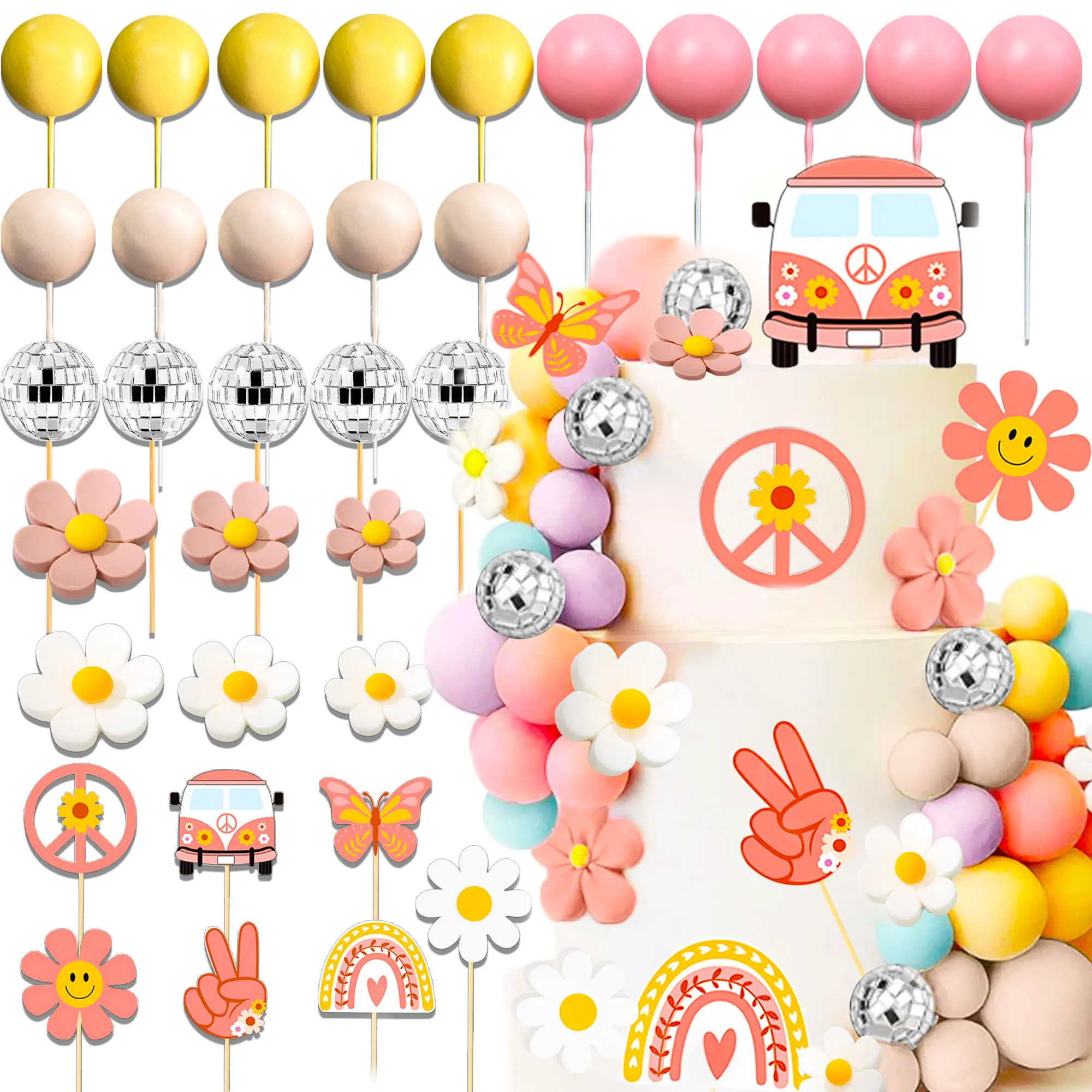 LaVenty Groovy Cake Topper Boho Hippie Gänseblümchen Blume Kuchen Dekoration Party Dekorationen Mädchen Geburtstag Party Groovy Party Supplies Image