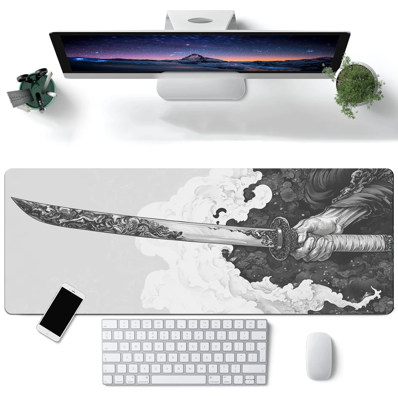 Schwarz-weißes Comic-Windschwert-Modell, Tastatur-Mauspad, Schreibtischunterlage, 3D-Gaming-Mauspad mit rutschfester Gummibasis und genähten Kanten Image