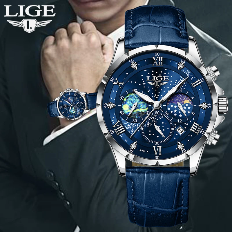 2024 LIGE Herrenuhr Luxus Wasserdichte Männliche Uhr Mondphase Datum Casual Blau Leder Quarz Chronograph herren armbanduhr reloj Image