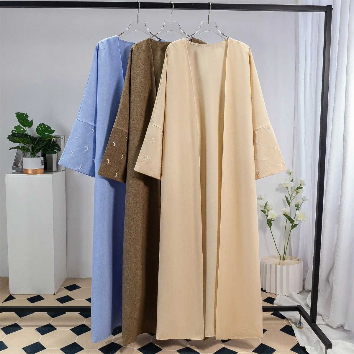 Muslimische Mond Stickerei offene Front Abaya Frauen Langarm Maxi langes Kleid muslimische Abayas Kaftan Frauen Jilbabs Damen bekleidung Image