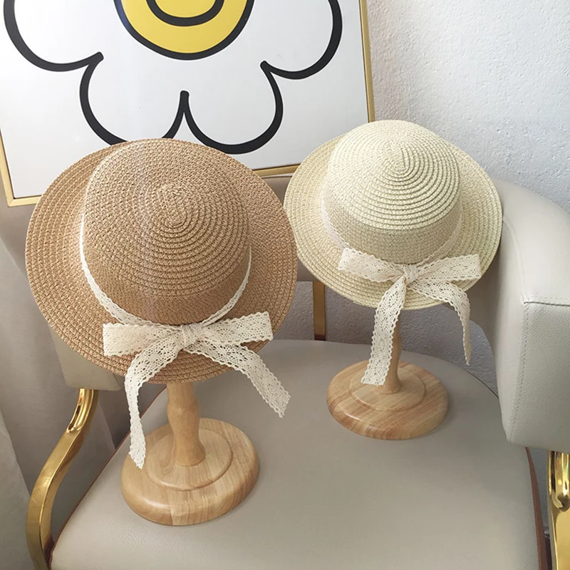 Neues Kind Sommer Sonnenhut Eimer Kappe Kinder Baby Mädchen einfache beige Spitze Bowknot Band Strohhut Strand Outdoor Panama Motorhaube Image