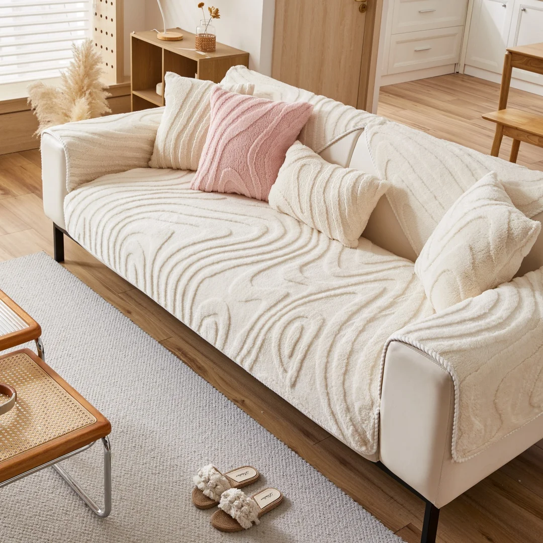 Warmer, getuffener Fleece-Sofabezug mit geschwungenen Linien, Jacquard-Sofabezug mit rutschfester Rückseite für Wohnzimmer, Couch-Schonbezüge, Herbst-/Winter-Dekoration