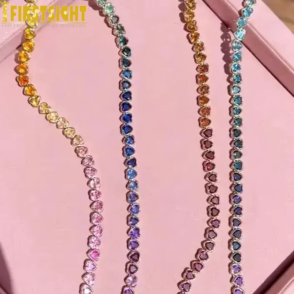 2025 neue Iced Out AAA Zirkonia Herz Tennis Kette Halskette Gold Farbe Regenbogen CZ Charme Halsband Hip Hop Schmuck für Frauen